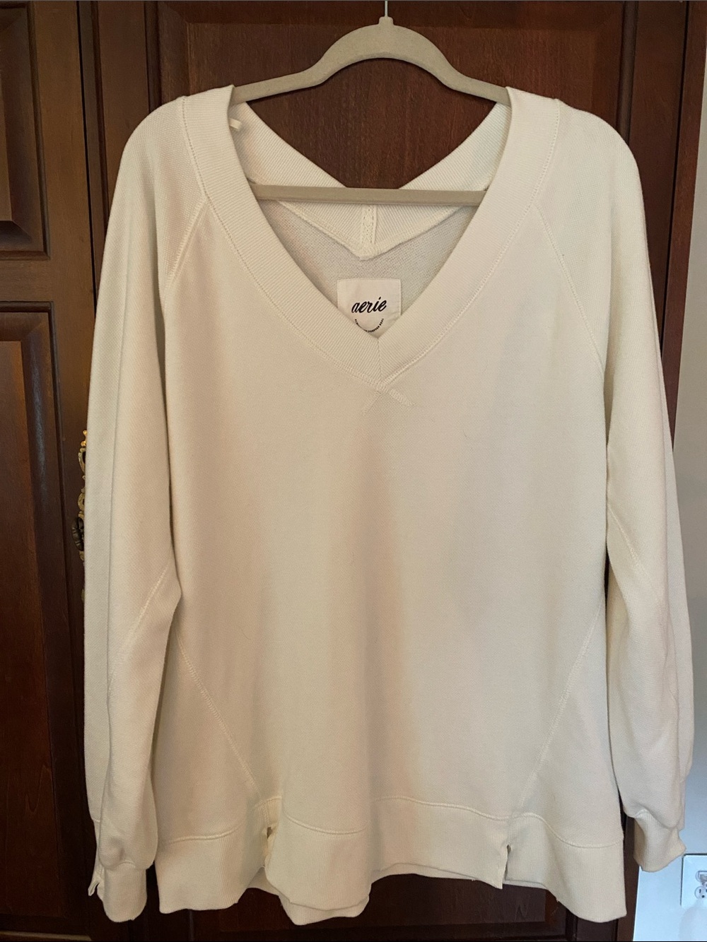 aerie Cream V-Neck Cozy Pullover Sweatshirt